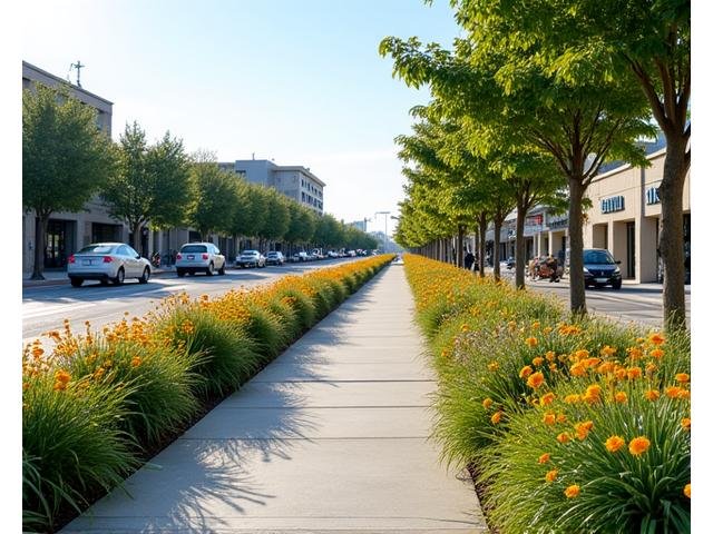 Beautified urban transit corridor with stormwater-absorbing rain gardens, colorful native wildflowers, and street trees, improving aesthetics and ecological function.