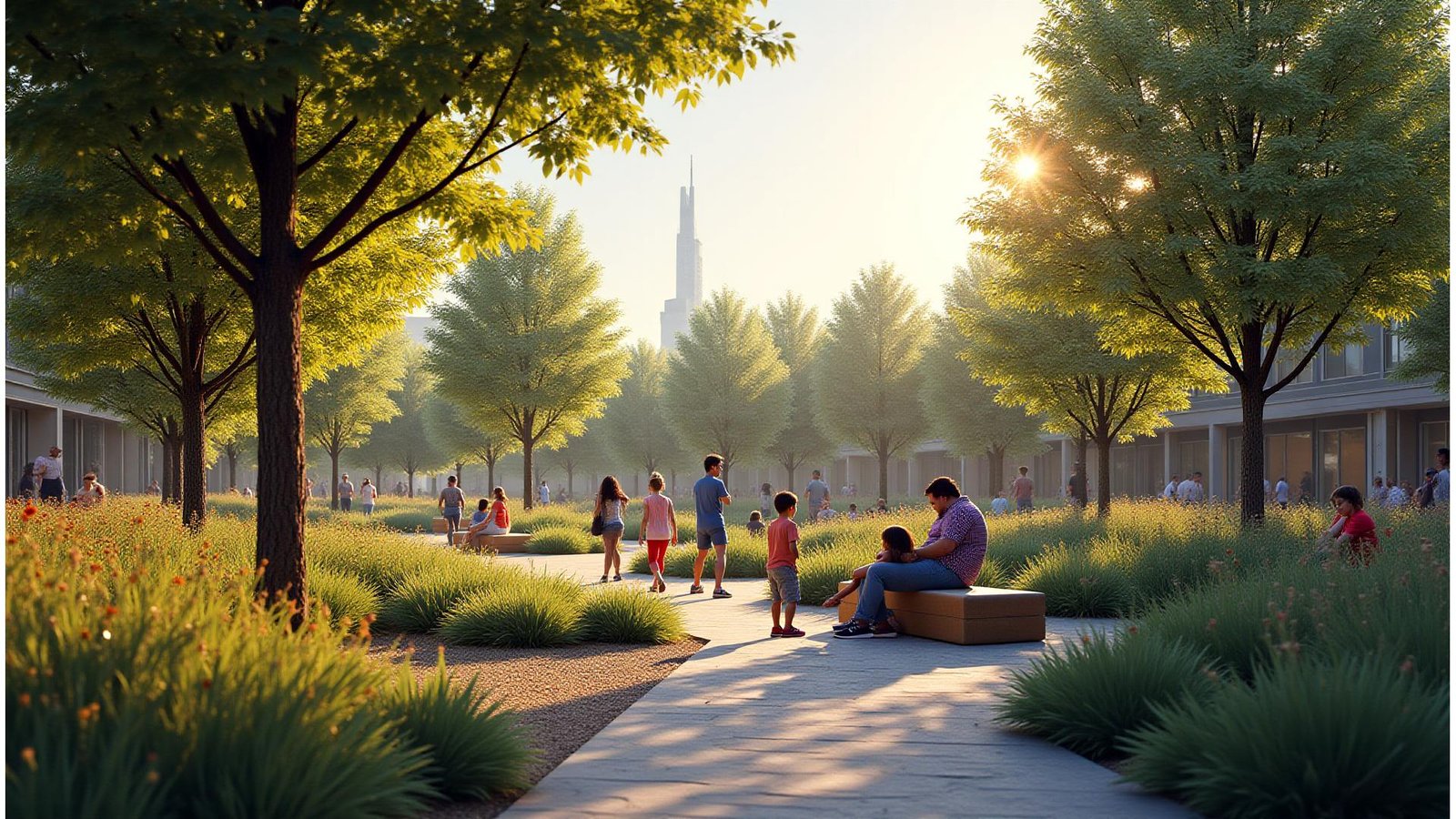 Panoramic view of a revitalized urban green space with modern architecture and lush native plantings, showcasing community activity and clean stormwater features in Charlotte, NC.